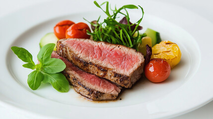 Grilled Steak and Vegetable Medley: A tantalizing close-up of a perfectly grilled steak, sliced and resting on a bed of fresh vegetables, showcasing the culinary artistry of a gourmet meal.