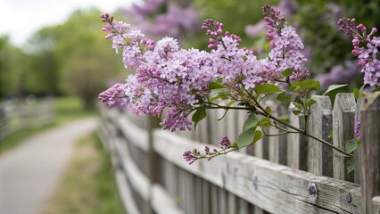 Obraz premium Soft focus shot of lilac blooms on a wooden fence with a blurred background, blooming lilacs, lilac blooms, garden accents