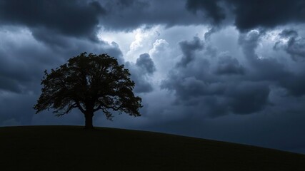 Obraz premium solitary tree on hill under stormy sky at night, moonlight, serene ambiance, hilltop