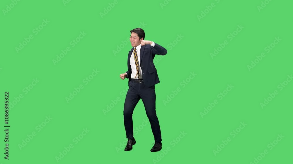 Poster 嬉しくてダンスする男性ビジネスパーソンの全身動画　クロマキー合成用グリーンバック映像