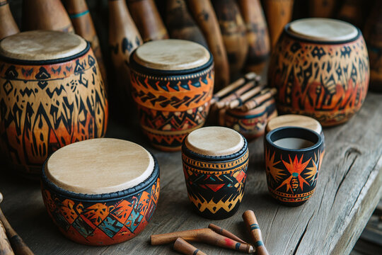 Artisan percussion instruments with folk art designs.