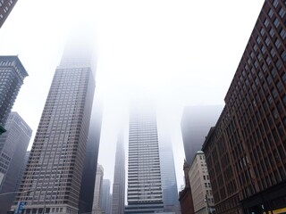 Obraz premium Towering skyscrapers rise from the streets of Lower Manhattan, their peaks shrouded in mist, steel giants, concrete towers