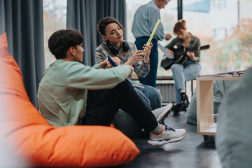 Group of college students participating in a vibrant music class, playing instruments and collaborating in a creative atmosphere. Perfect for themes of learning, creativity, and teamwork.
