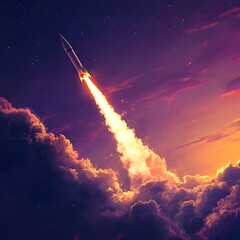 Pop art rocket blasting upward under stunning sunset hues image