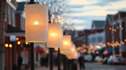 Colorful paper lanterns hang along market street, casting a warm glow as evening descends and...