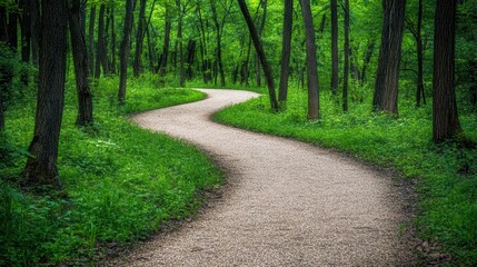 Fototapeta premium Scenic Winding Pathway Through Lush Forest Landscape Surrounded by Vibrant Green Trees and Flourishing Nature for Outdoor Adventure and Relaxation
