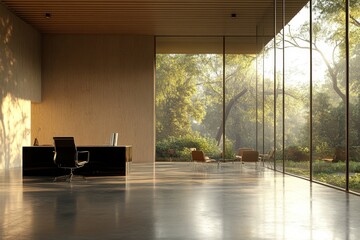 Modern minimalist office space with large windows and a view of a lush green forest.