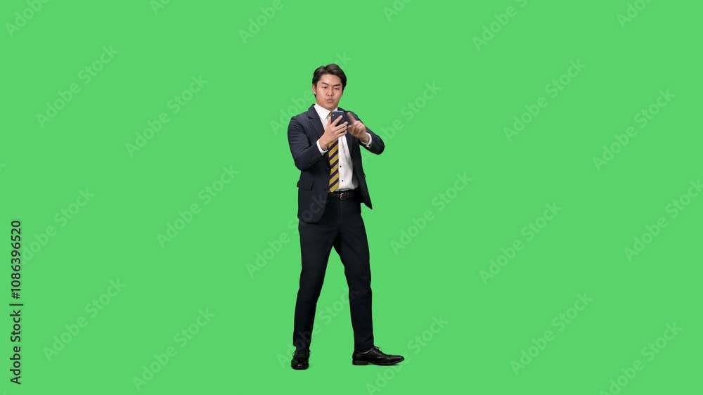Poster スマホを使いながらダンスする男性ビジネスパーソンの全身動画　クロマキー合成用グリーンバック映像