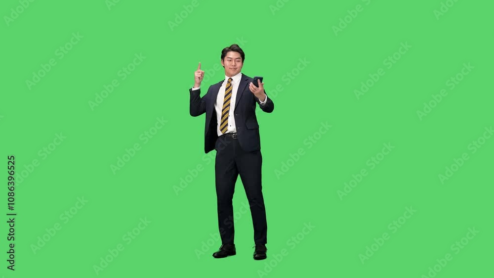 Poster スマホを使いながらダンスする男性ビジネスパーソンの全身動画　クロマキー合成用グリーンバック映像