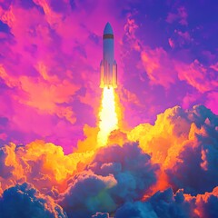 Naklejka premium Pop art rocket liftoff glowing in vibrant colors of evening sunset picture