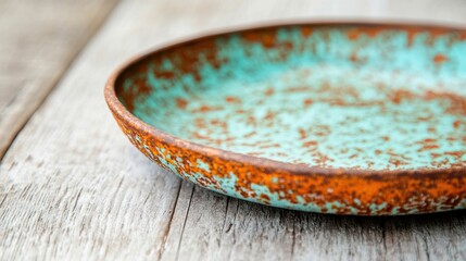 A vintage turquoise metal plate with rust edges sits on a weathered wooden surface, showcasing its unique design and aged beauty