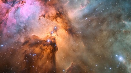 Obraz premium A stunning cosmic nebula reveals vibrant colors and sparkling stars while swirling gases intertwine in the vast expanse of space