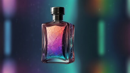 a bottle of perfume with a purple background and a green background.