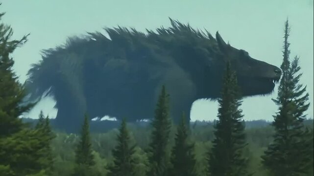 A digital painting of a colossal wolf-like creature towering over a forest.