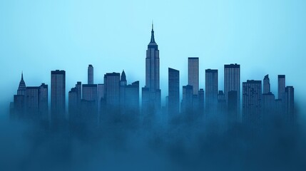 Fototapeta premium Foggy Cityscape Skyline Urban Night Modern Architecture Building Silhouette
