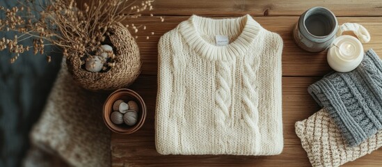 White knitted sweater on a wooden table with dried plants, candles, and other knitwear.