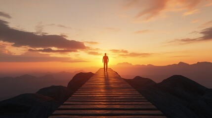 Man on Wooden Pier at Sunset Mountain Landscape Hope Future
