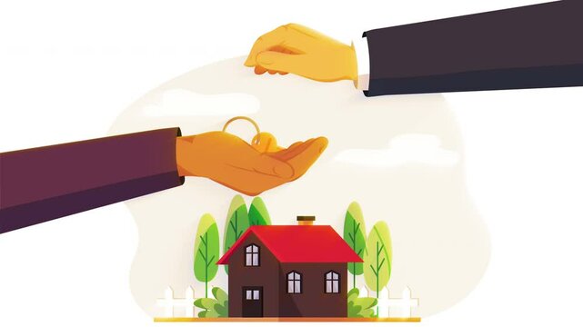 2d cartoon style animated illustration of  a hand giving a house key to another, with a home background signaling property ownership transfer.  Green screen version also enabled. 4k