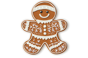 Fototapeta premium A decorative gingerbread cookie shaped like a person, adorned with icing and festive patterns.