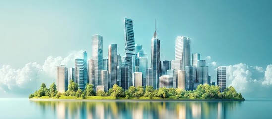 Obraz premium Modern city skyline on a small island with lush greenery, reflecting in the water under a blue sky with fluffy clouds.