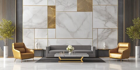 Abstract Marketing Background Featuring a 3D Carpet Wallpaper Design with Luxurious Gold and Marble Decorative Blocks on a Light Gray Background, Perfect for Home Wall Decoration, Capturing the Essenc