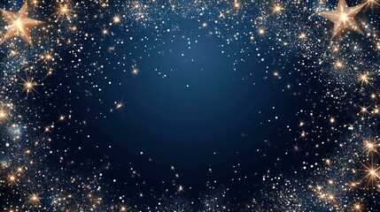 "Stylish 'Happy New Year' in silver on navy blue, surrounded by twinkling stars and a large blank center for personalization."