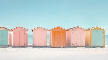 Fototapeta premium Tranquil Scene of Pastel-Colored Beach Huts Along Serene Sandy Shoreline