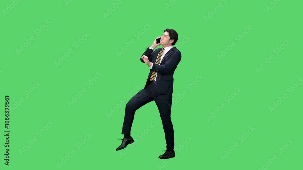 Poster スマホで通話しながらダンスする男性ビジネスパーソンの全身動画　クロマキー合成用グリーンバック映像
