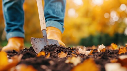 Naklejka premium Autumn Gardening Person Digging Soil with Shovel Fall Leaves