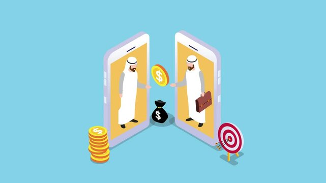 Digital Business Transaction and Online Payment Concept with Middle Eastern Businessmen 3d animation cartoon