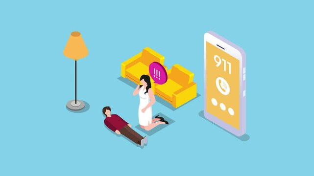 Woman faints, female user calls an ambulance or 911 via cellphone 3d animation cartoon