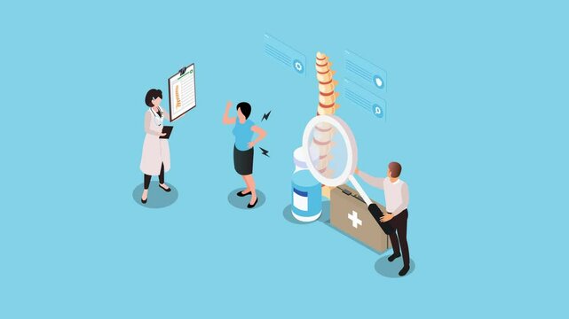 Specialists investigate causes of spinal problems. Orthopedics 3d animation cartoon