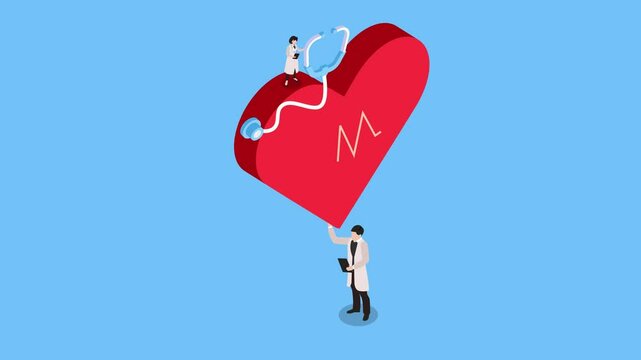 Doctor standing with heart with with EKG waves. Doctor with heart beat rate 3d animation cartoon