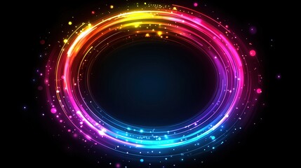 A vibrant circular design with colorful light trails on a dark background.