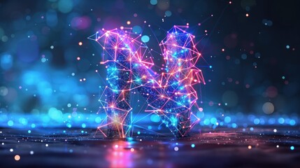 A glowing, neon, digital, polygonal letter 'N' with a bokeh background.