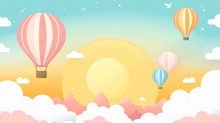 A serene landscape featuring colorful hot air balloons against a bright sunrise.