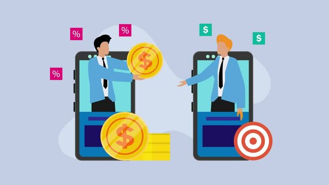 Sending and receiving money online using mobile phone cartoon animation