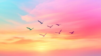 Obraz premium A serene sunset with birds flying across a colorful sky, evoking peace and freedom.