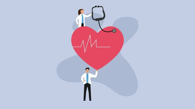 Doctor standing with heart with with EKG waves. Doctor with heart beat rate cartoon animation
