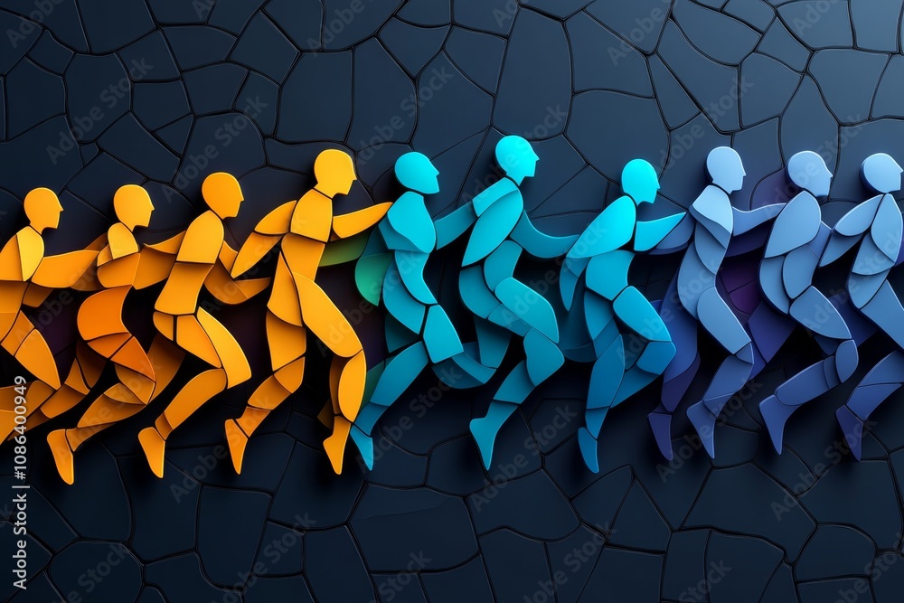 Poster Abstract representation of youth in movement, with simple shapes and dynamic lines