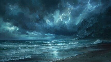 Obraz premium A stormy seascape with lightning striking over dramatic mountains and crashing waves on a sandy beach.