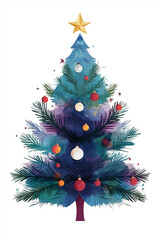 Obraz premium A minimalist watercolor illustration of a Christmas tree with simple decorations, set against a clean white background. For xmas commercials or ads.