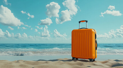 Orange suitcase on sandy beach with blue ocean background
