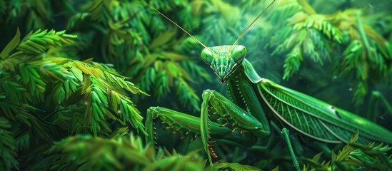 A green praying mantis camouflaged in lush green foliage.