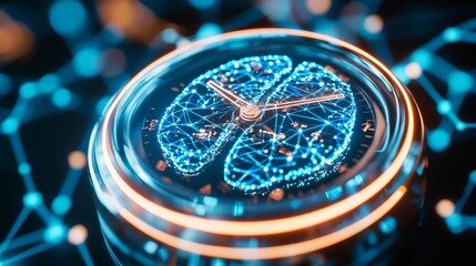 Detailed close-up of a human biological clock concept, inner clock mechanisms glowing, blending with brain neurons, symbolizing circadian rhythm control