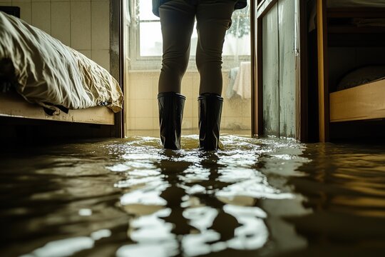 Flooded Room: A Person Stands in Floodwater Inside a Home