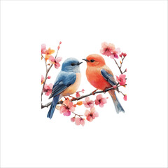 Watercolor lovebirds couple on a branch illustration. love Birds and heart watercolor vector.

