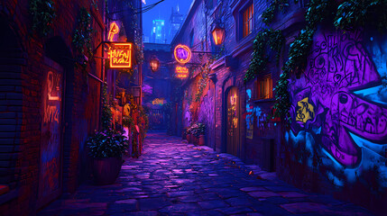 Fototapeta premium Vibrant digital artwork of an urban alley illuminated by neon lights and decorated with graffiti. Neon Cyberpunk Alley. Illustration