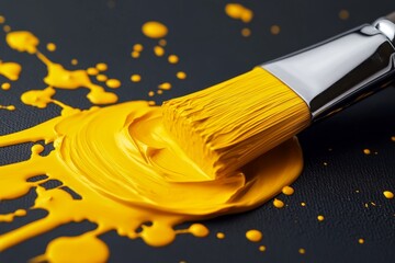 Fototapeta premium Close-up of yellow paintbrush strokes on canvas, capturing the texture and vibrancy of the color