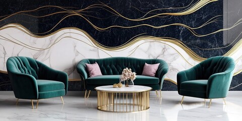 Abstract Marketing Background Featuring a 3D Carpet Wallpaper Design with Modern Wall Decoration Elements, Showcasing Gold Lines, Marble, Wood, and Black Shapes, Perfect for Luxurious Home Wall Decora